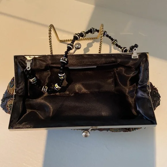 Artistically beaded & sequin clutch purse black evening bag - Picture 4 of 5